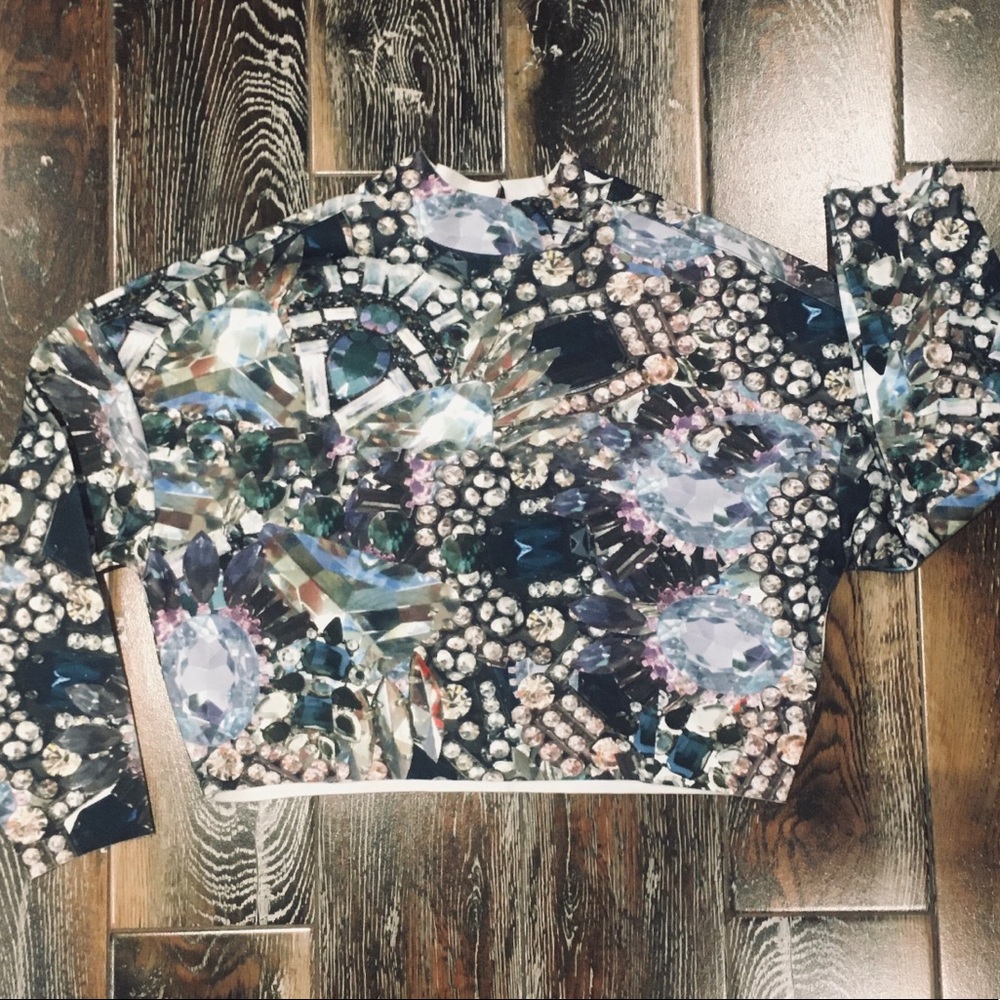 H&M Neoprene Bejeweled Print Crop Top
